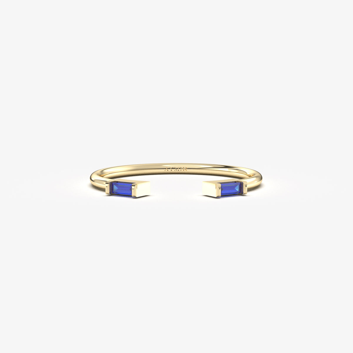 10K yellow gold open baguette ring with blue baguette stones, front view