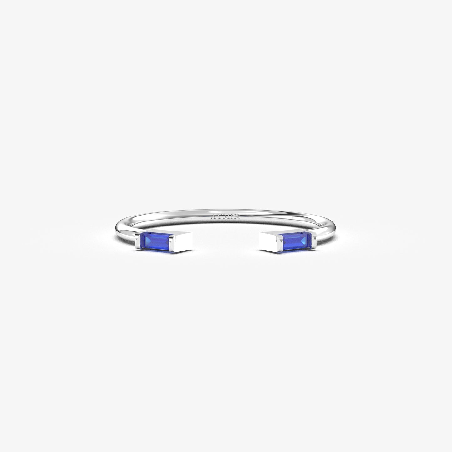 18K white gold open baguette ring with blue baguette stones, front view