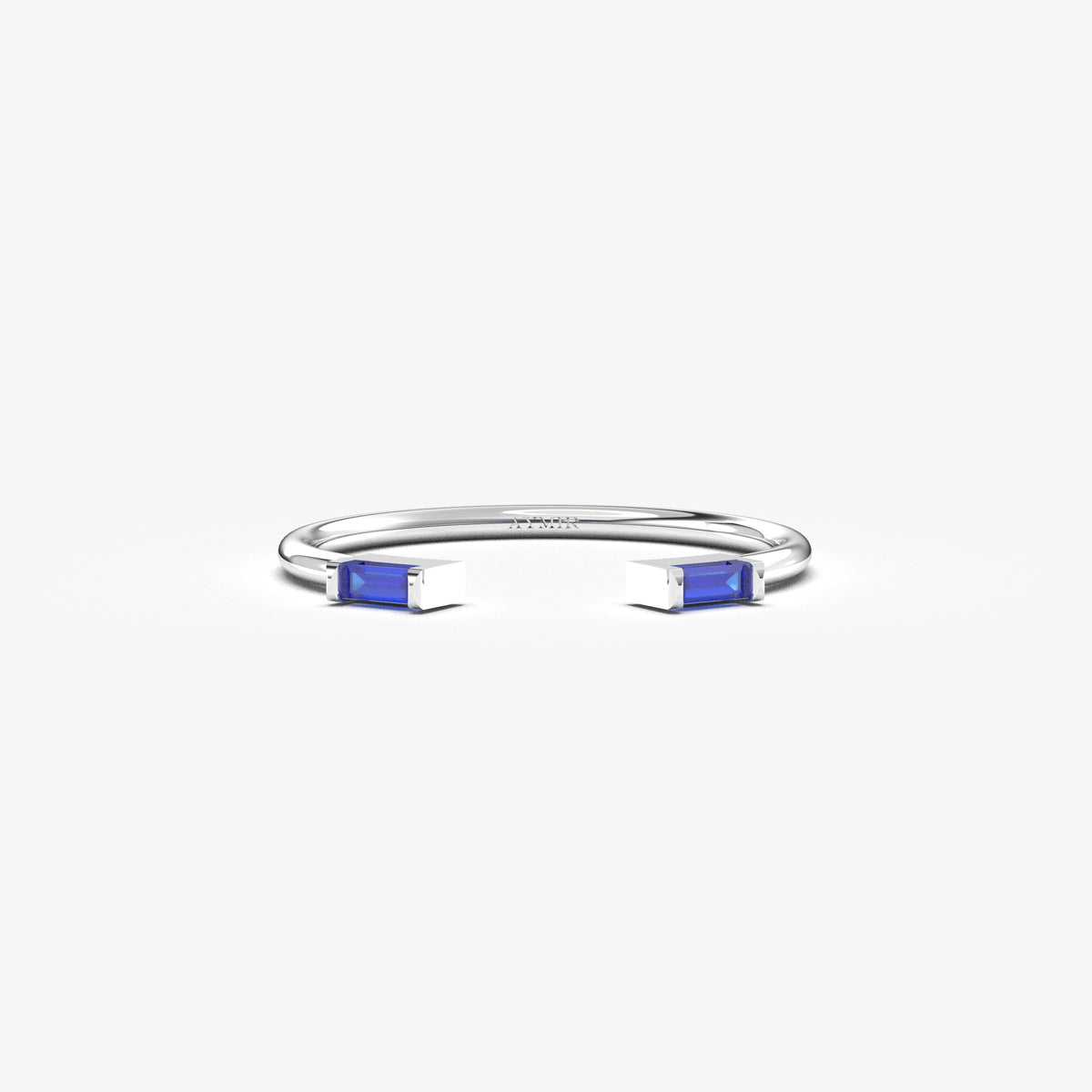 10K white gold open baguette ring with blue baguette stones, front view