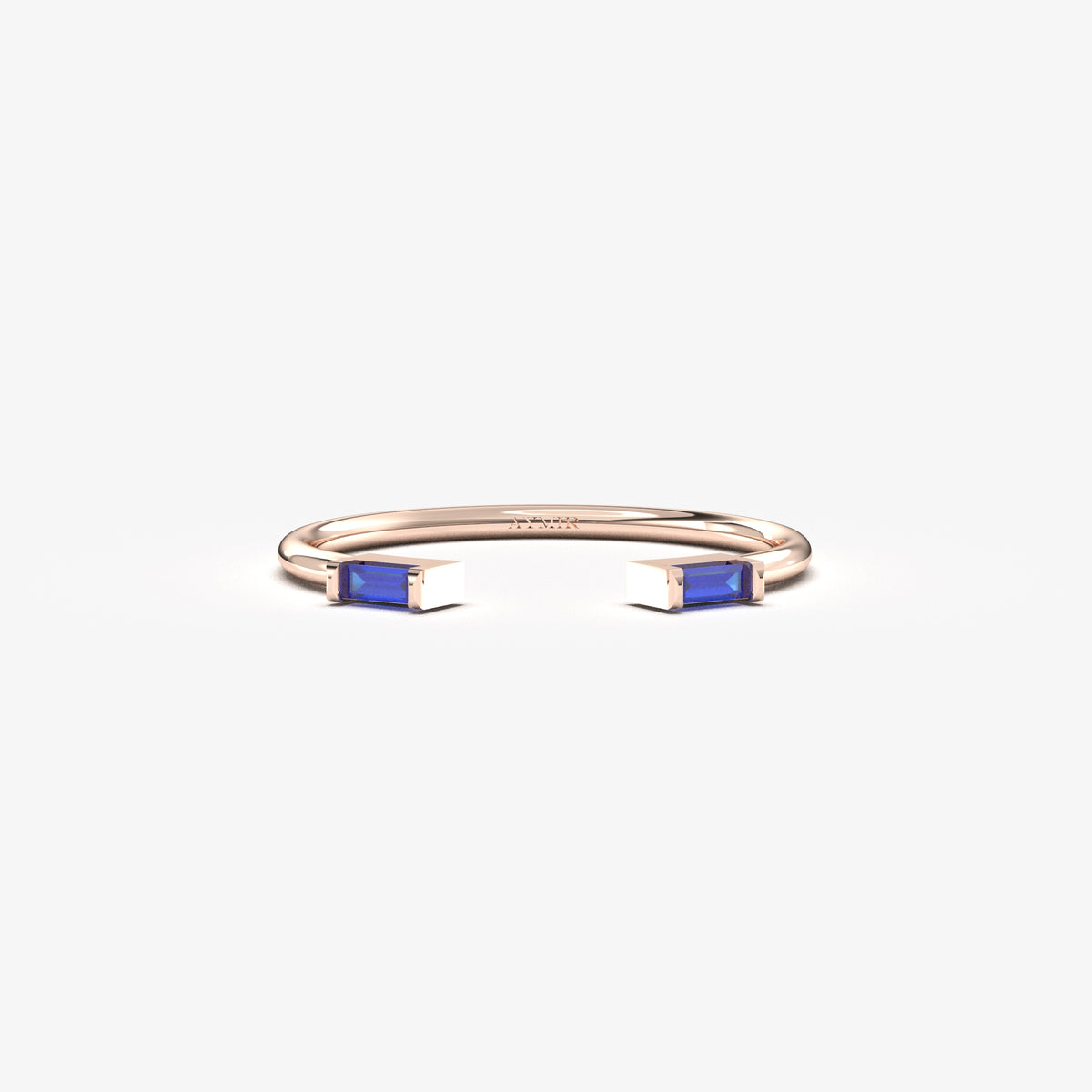 10K rose gold open baguette ring with blue baguette stones, front view