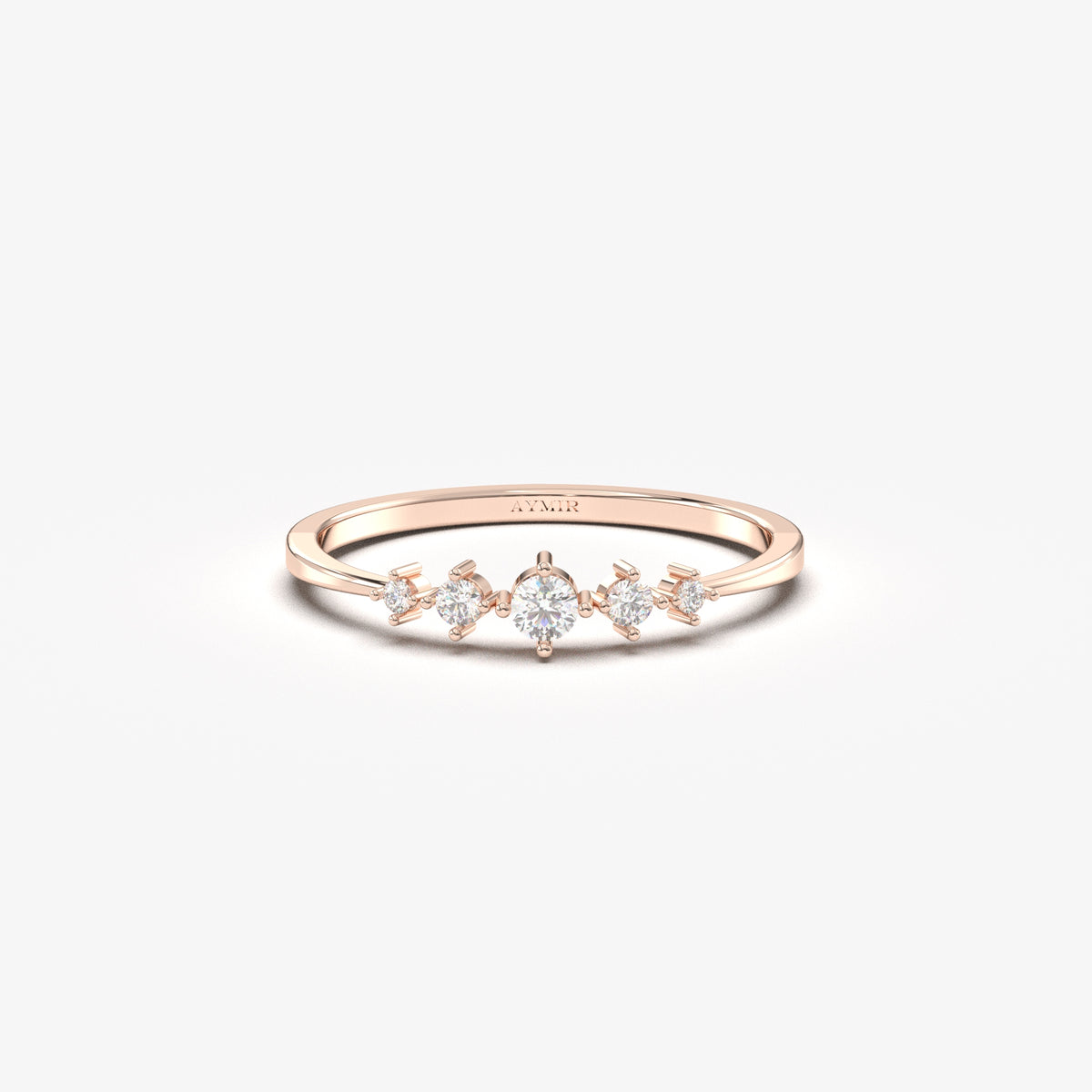 18K rose gold graduated five stone ring with natural diamonds, front view