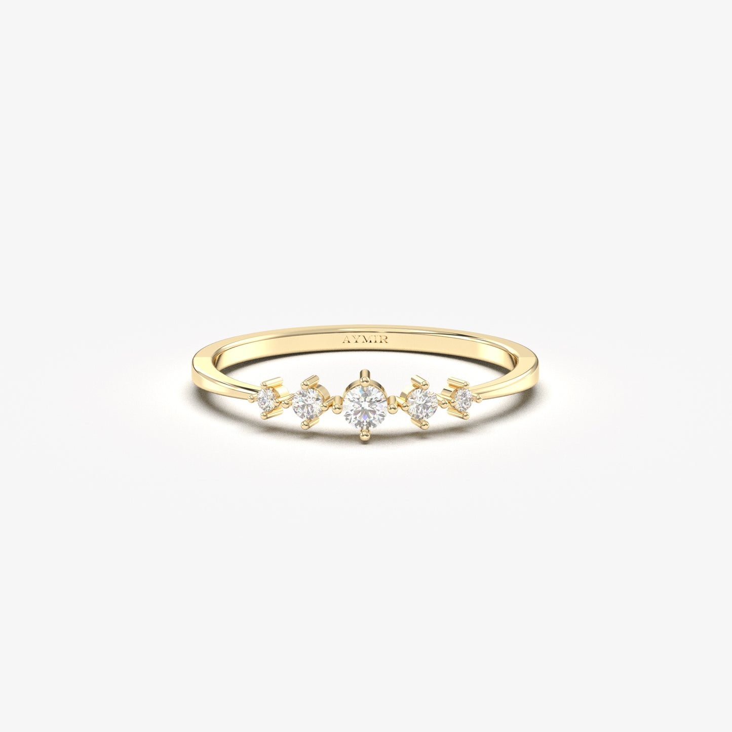 18K yellow gold graduated five stone ring with cubic zirconia, front view