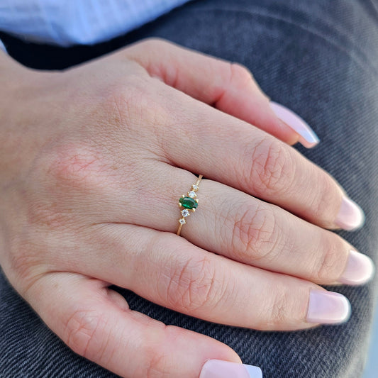 14K Gold Dainty Oval Emerald and Cz Ring - 2S121EME