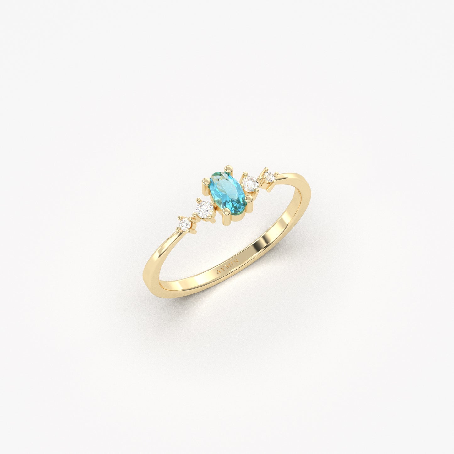 18K Gold Oval Aqua and CZ Ring - 2S121AQUA