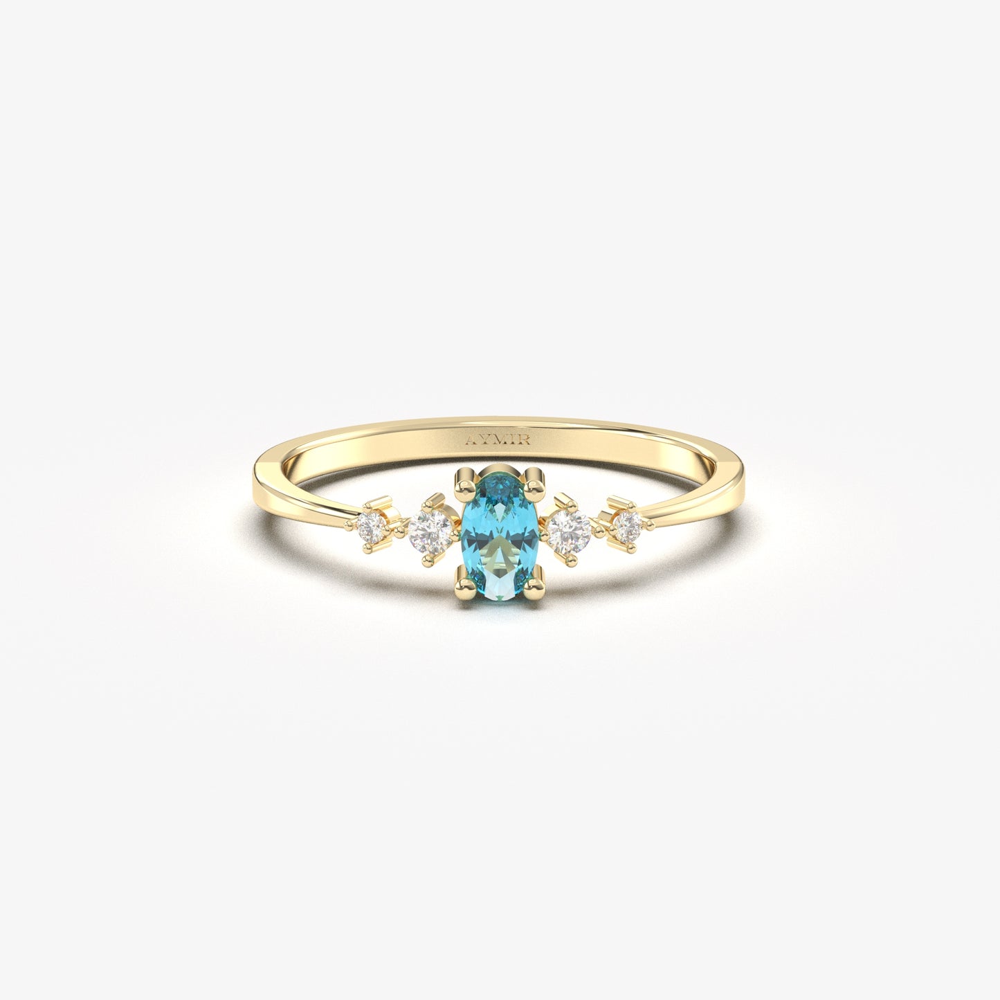 18K Gold Oval Aqua and CZ Ring - 2S121AQUA