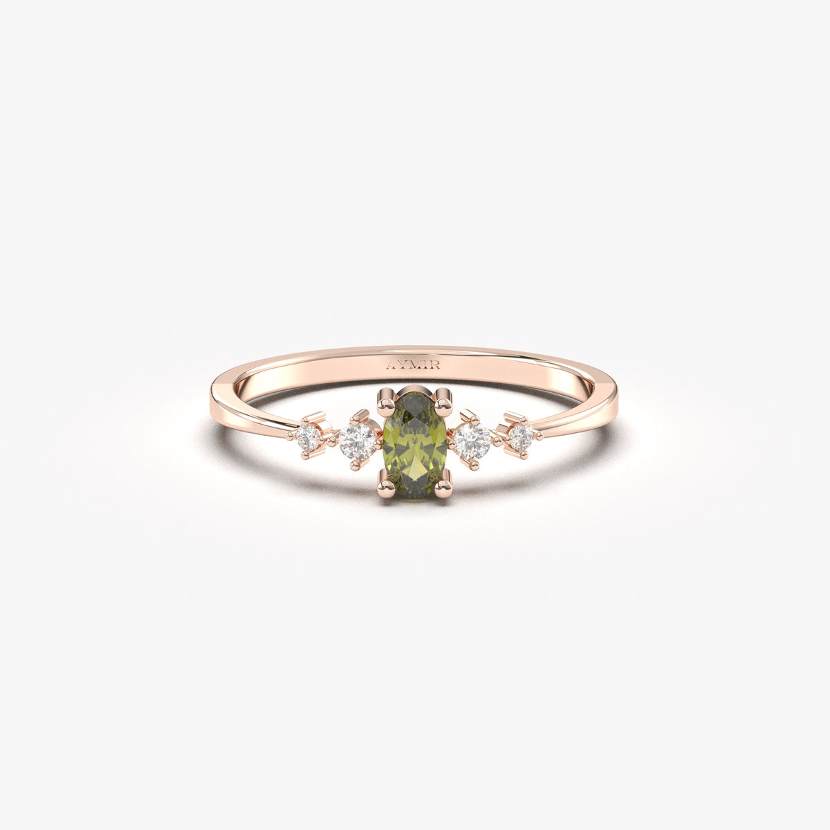Rose gold green-stone oval ring, front view