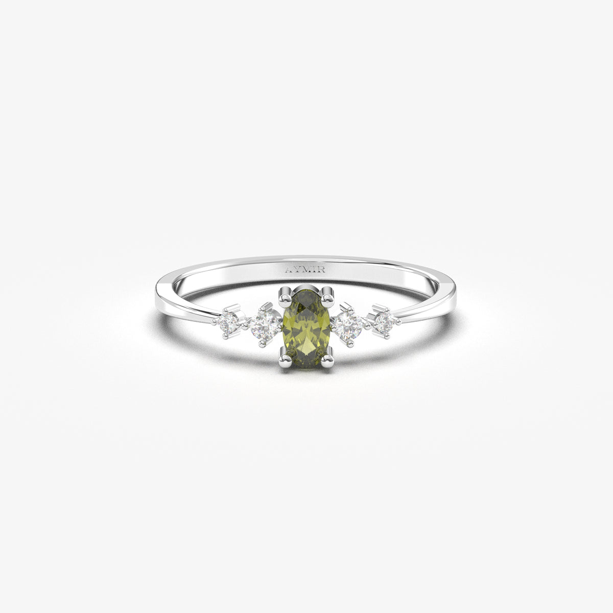 White gold green-stone oval ring, front view