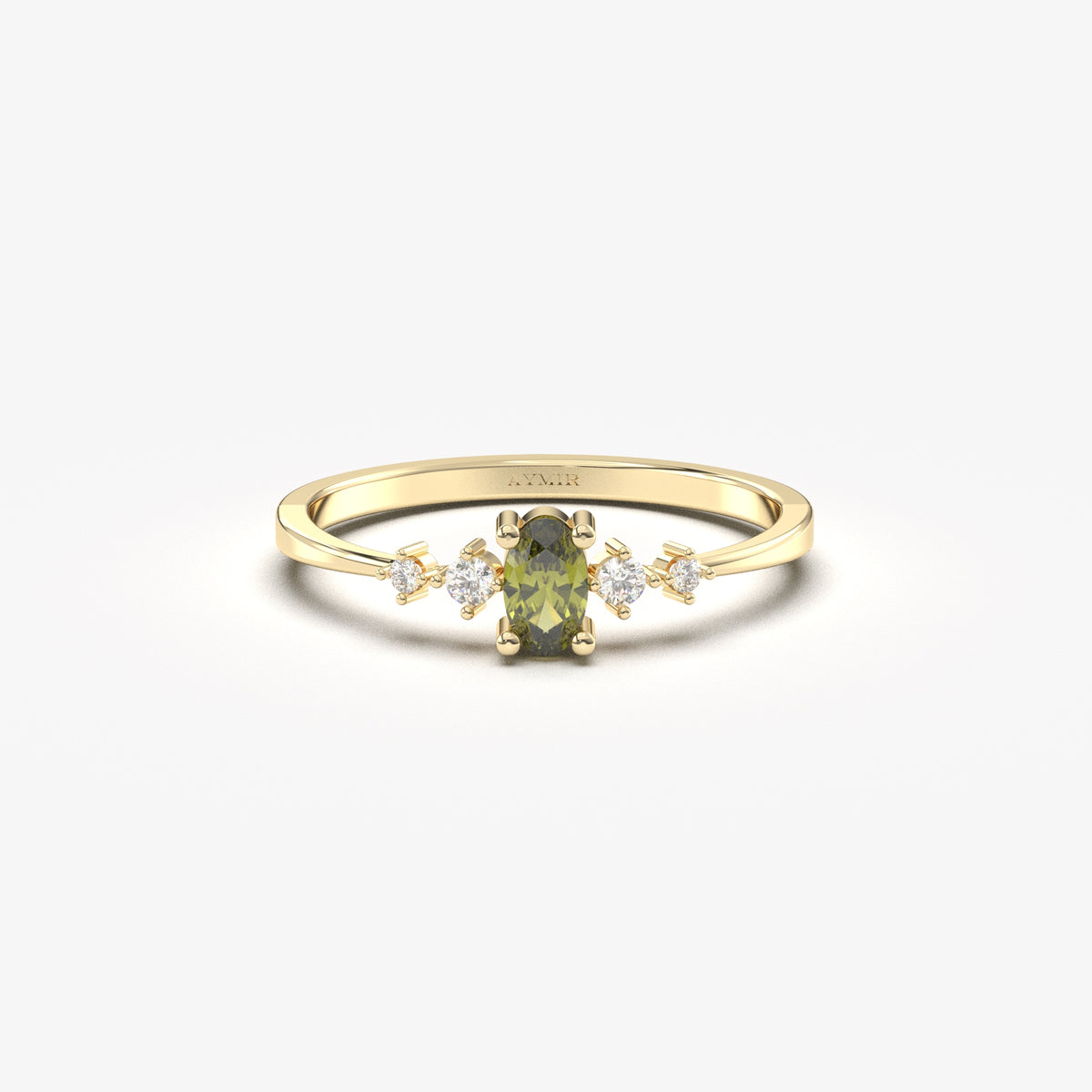 Yellow gold green-stone oval ring, front view