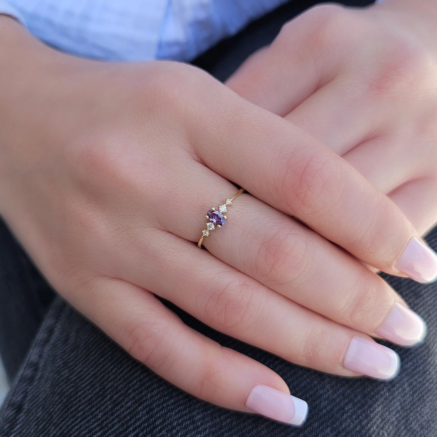 18K Gold Oval Cut Amethyst and Cz Ring - 2S121AME