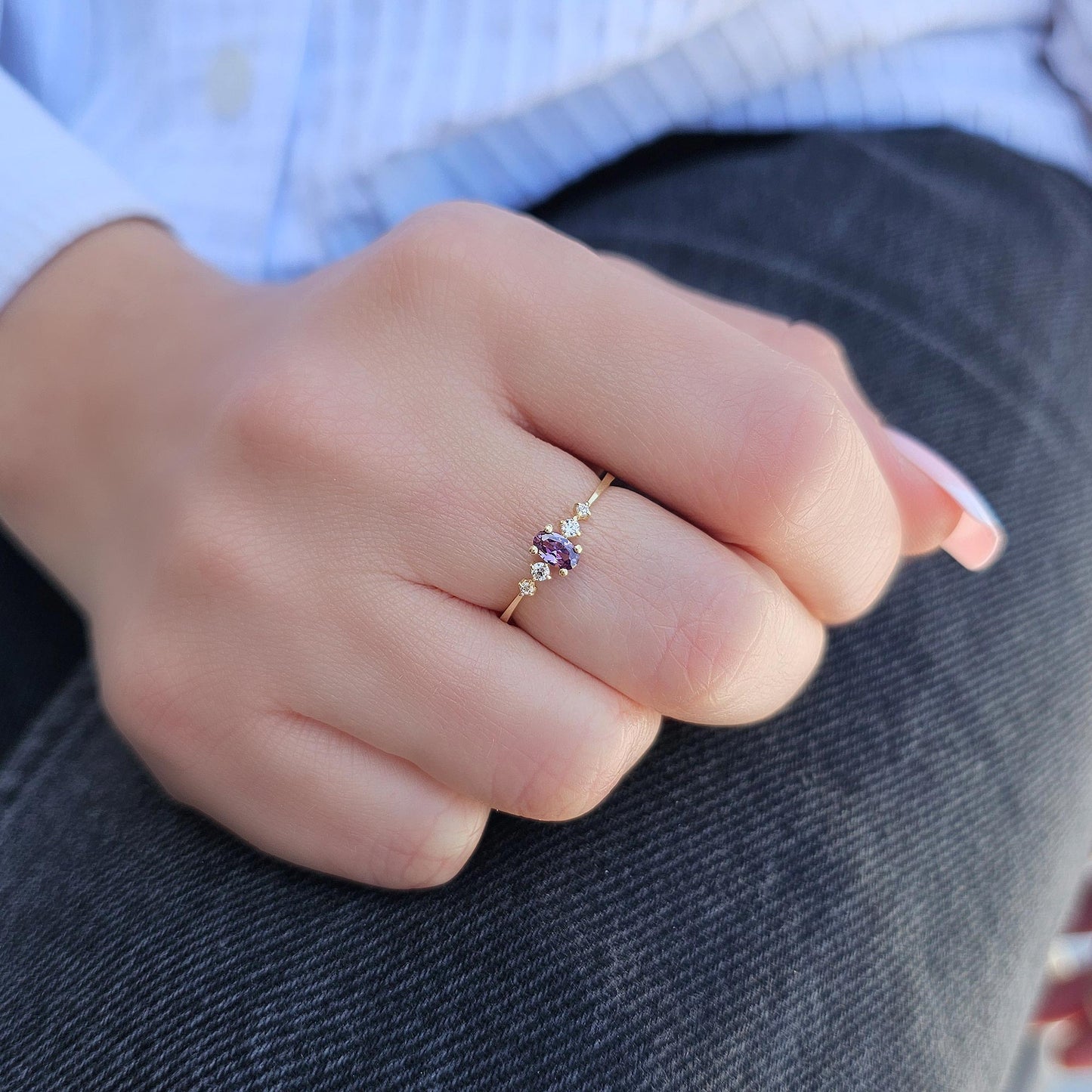 18K Gold Oval Cut Amethyst and Cz Ring - 2S121AME