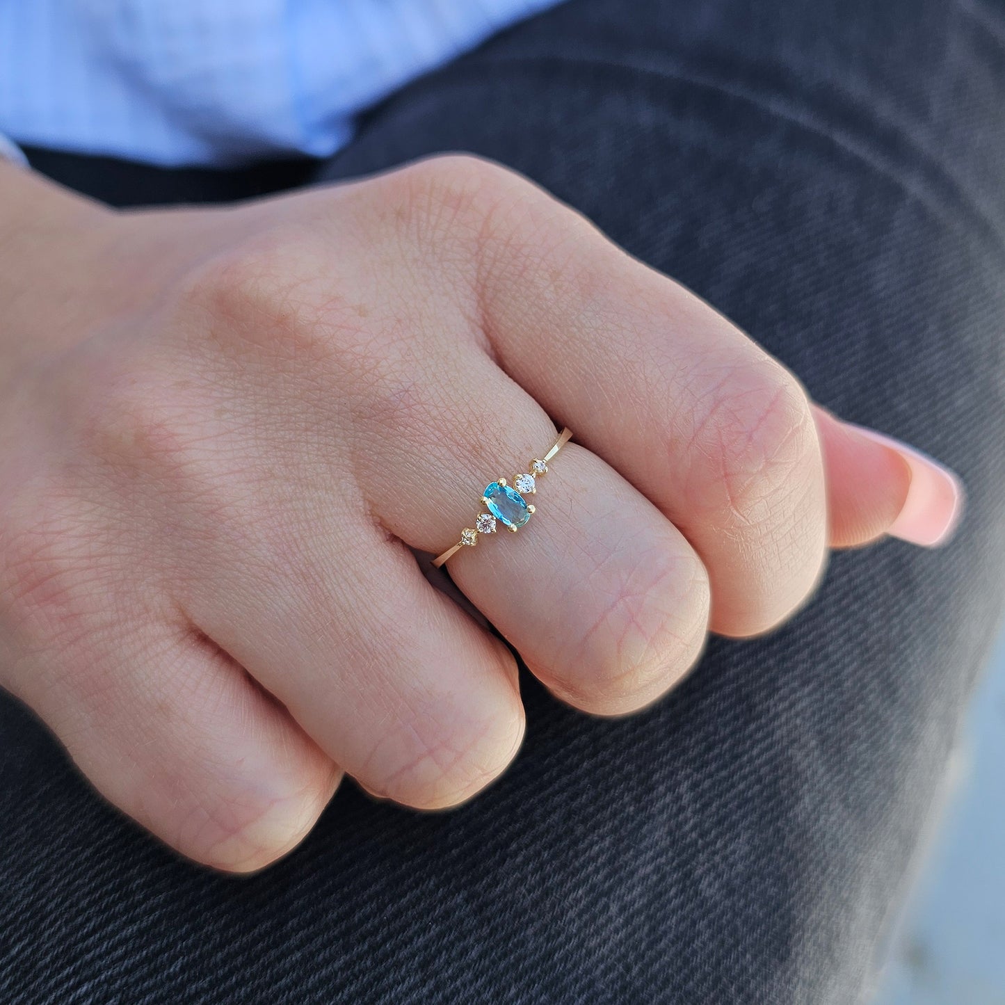 18K Gold Oval Aqua and CZ Ring - 2S121AQUA