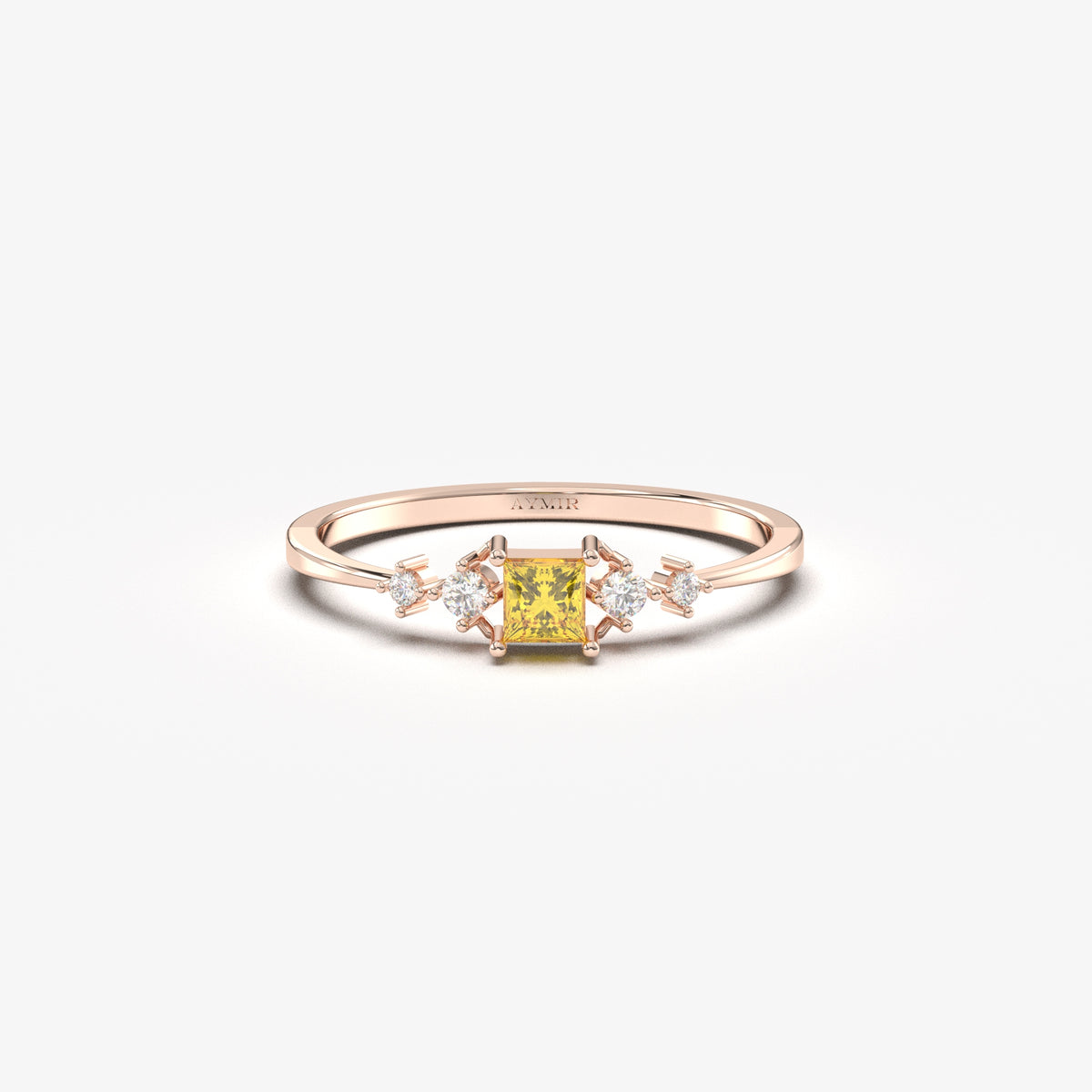 14K rose gold yellow-stone princess ring with cubic zirconia, front view