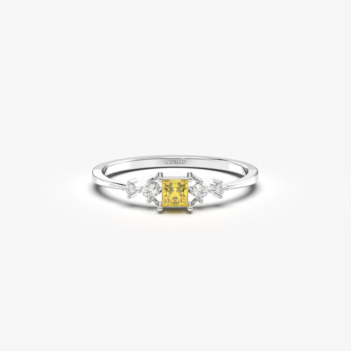 18K white gold yellow-stone princess ring with cubic zirconia, front view