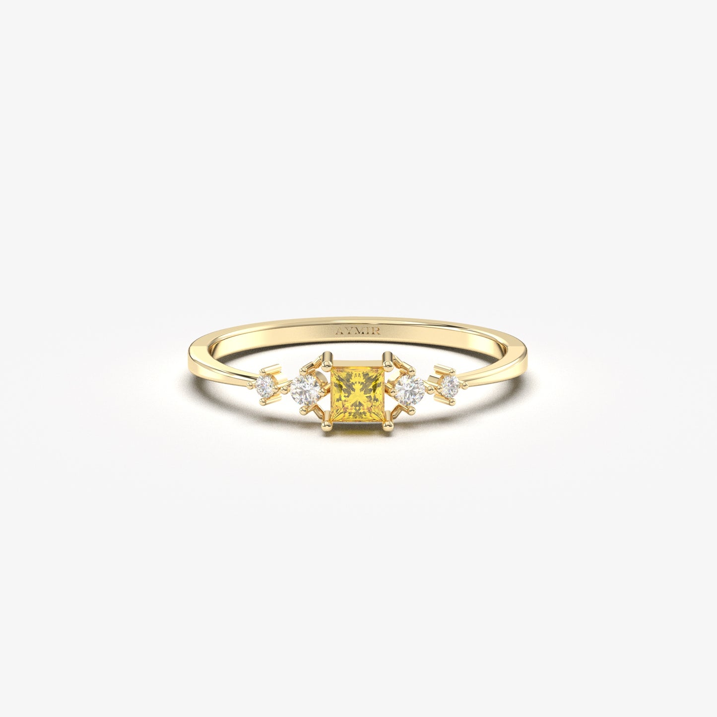 10K yellow gold yellow-stone princess ring with natural diamonds, front view