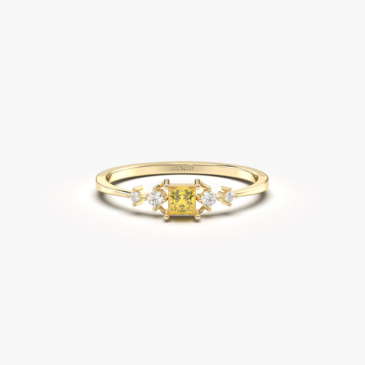 14K yellow gold yellow-stone princess ring with natural diamonds, front view