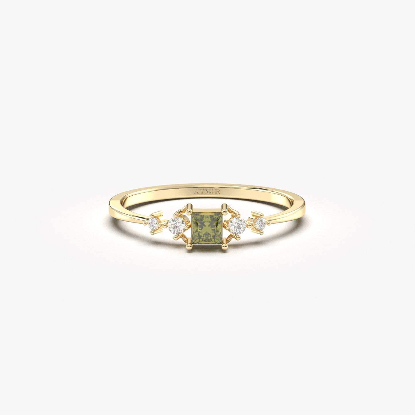 18K yellow gold green-stone princess ring with cubic zirconia, front view