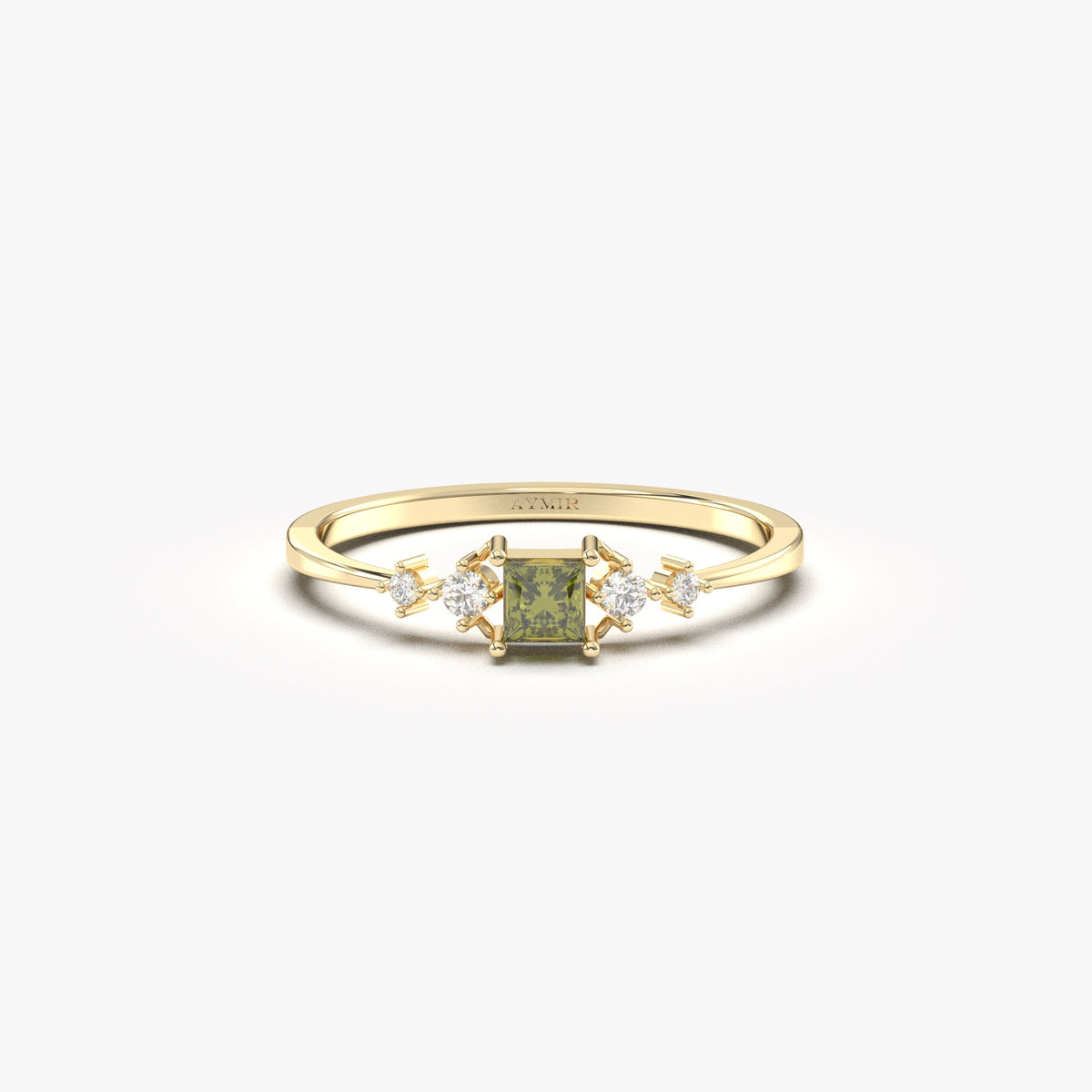 10K yellow gold green-stone princess ring with natural diamonds, front view