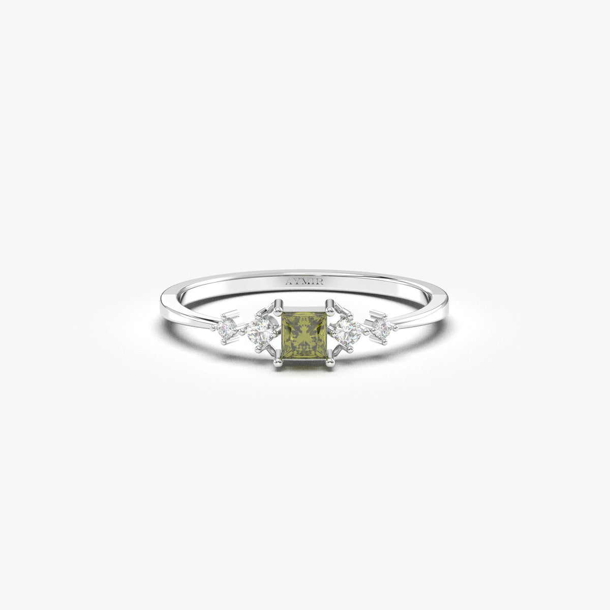 18K white gold green-stone princess ring with cubic zirconia, front view