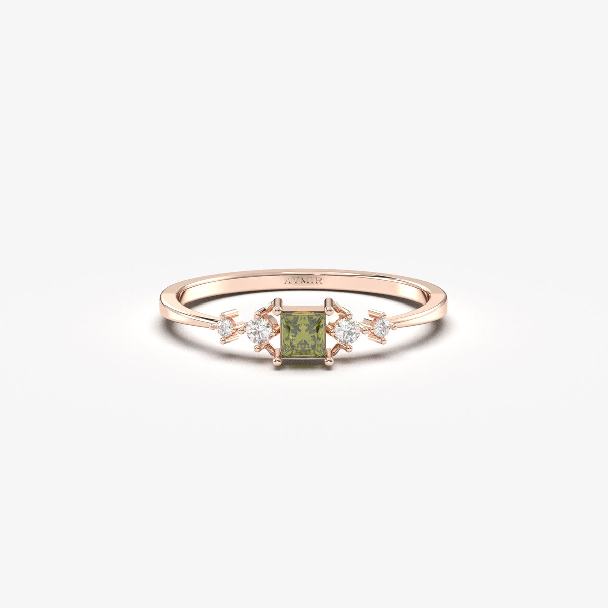 18K rose gold green-stone princess ring with cubic zirconia, front view