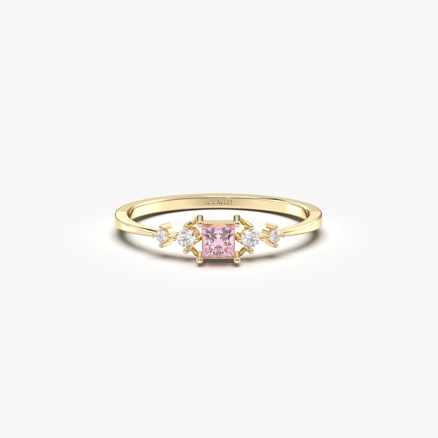 14K yellow gold pink-stone princess ring with cubic zirconia, front view
