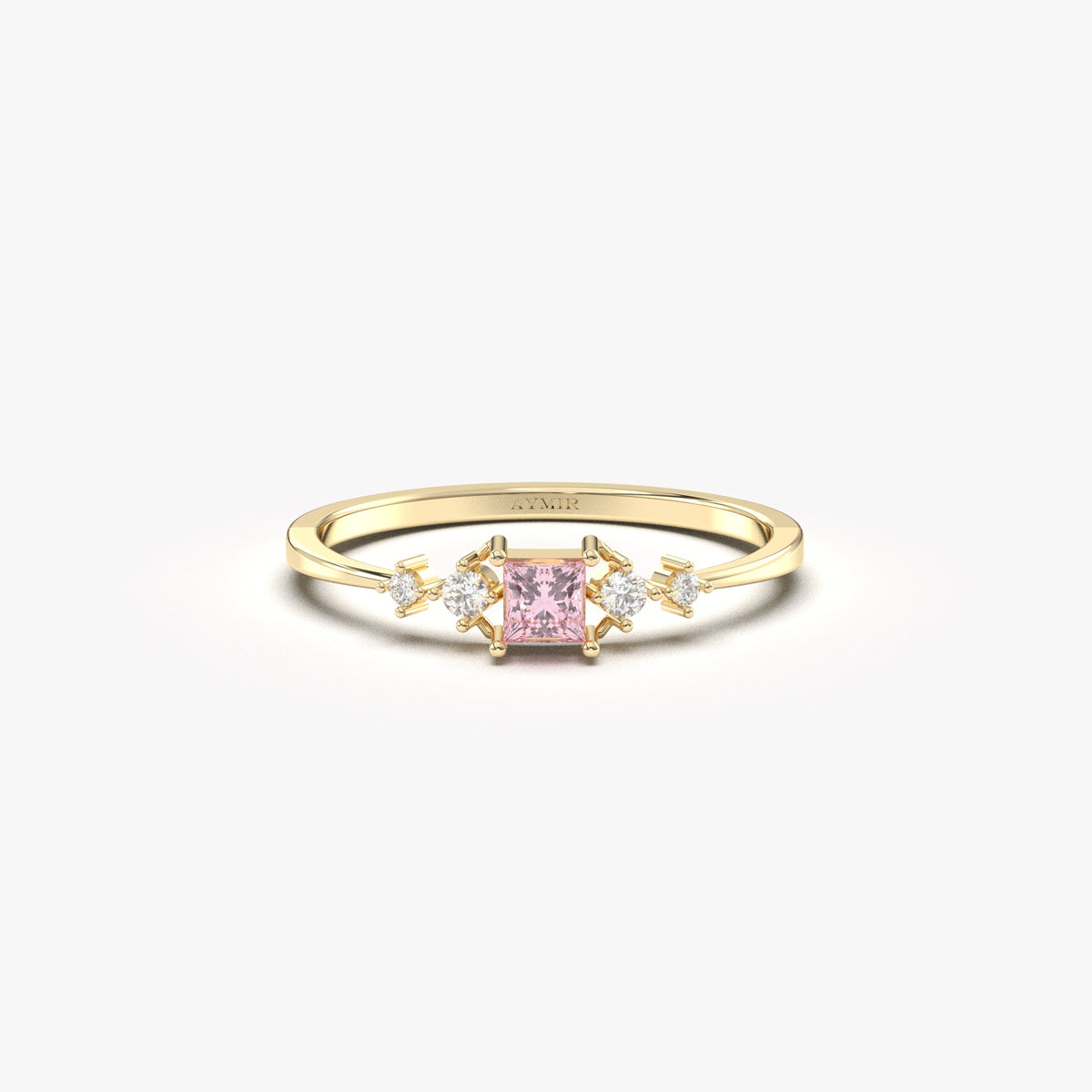 18K yellow gold pink-stone princess ring with cubic zirconia, front view
