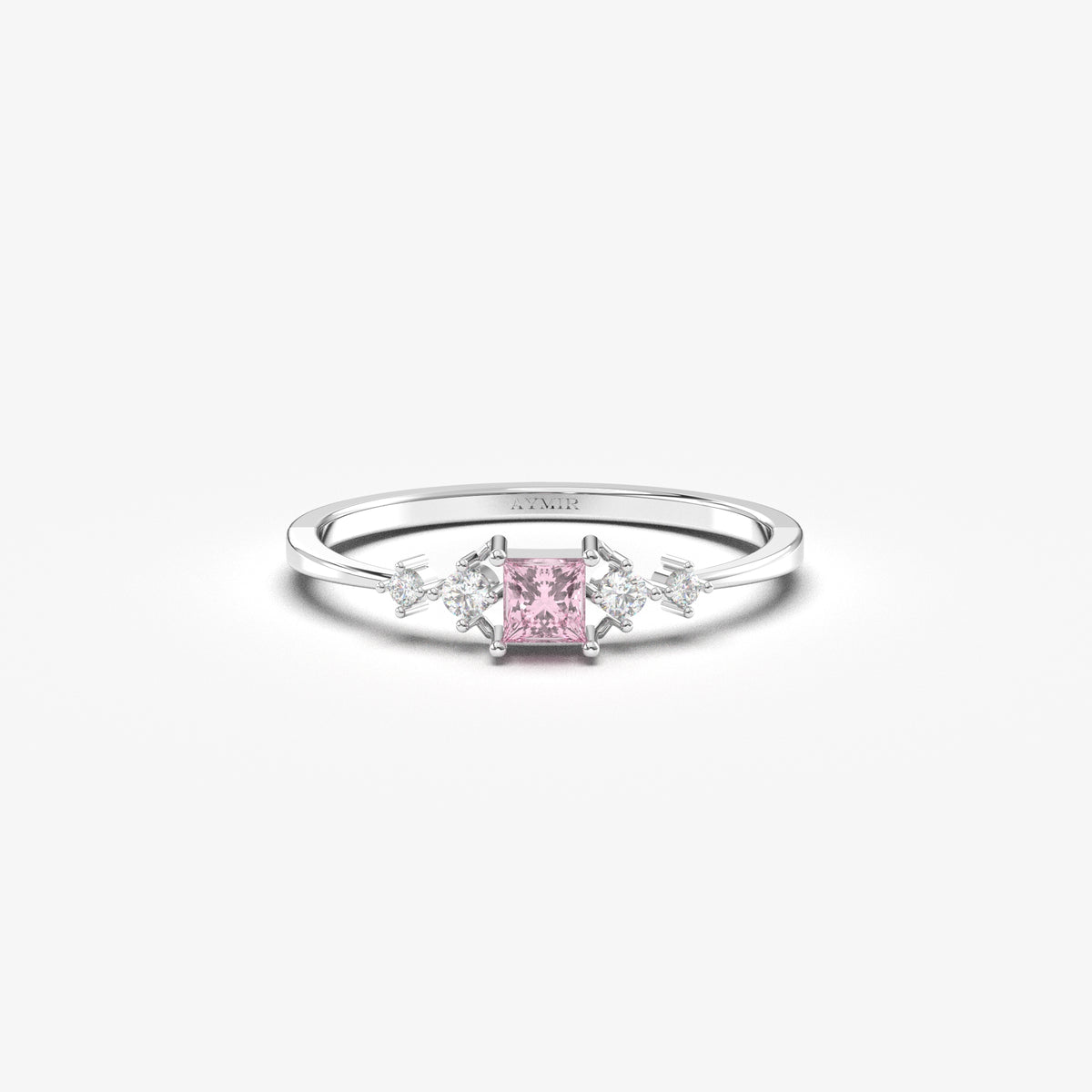 18K white gold pink-stone princess ring with natural diamonds, front view