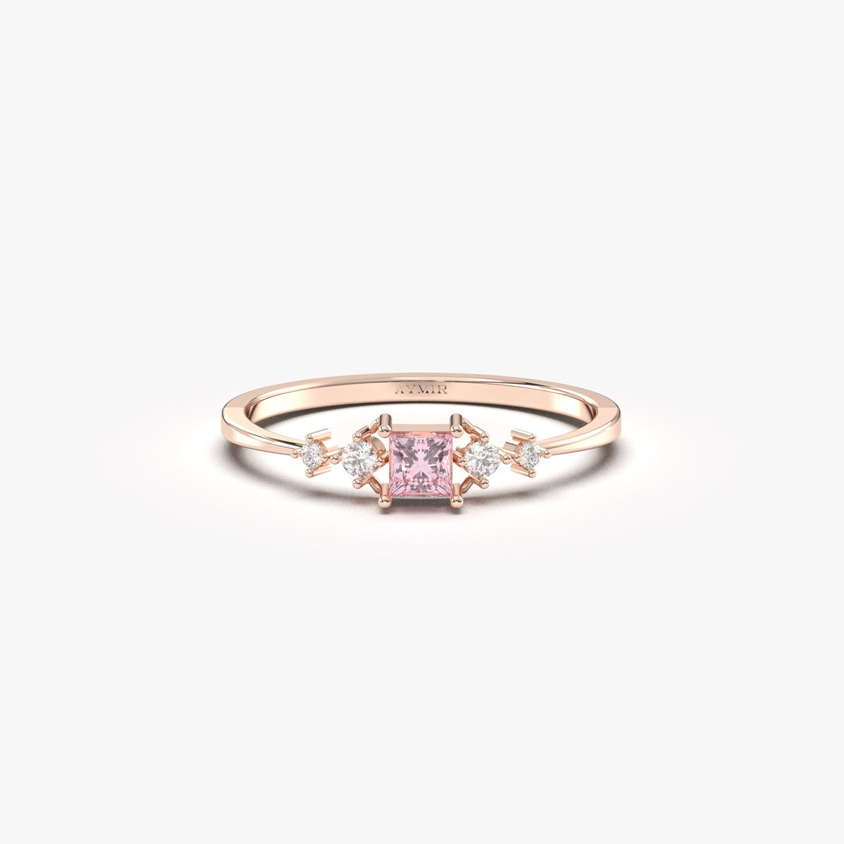 10K rose gold pink-stone princess ring with natural diamonds, front view