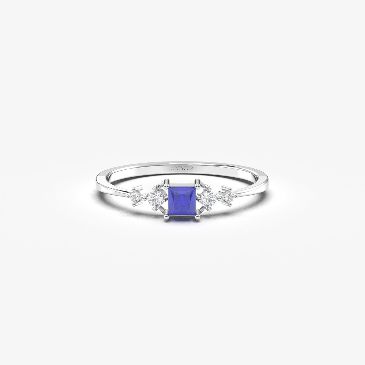 White gold blue-stone princess ring, front view