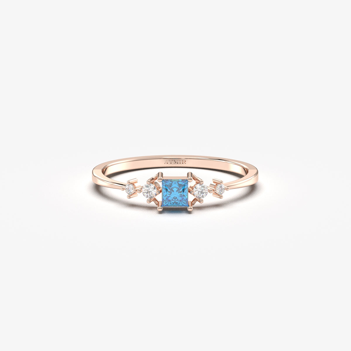 Rose gold light-blue-stone princess ring, front view