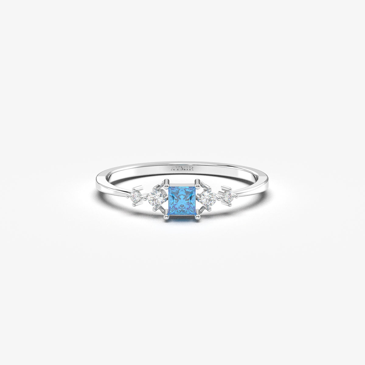 White gold light-blue-stone princess ring, front view
