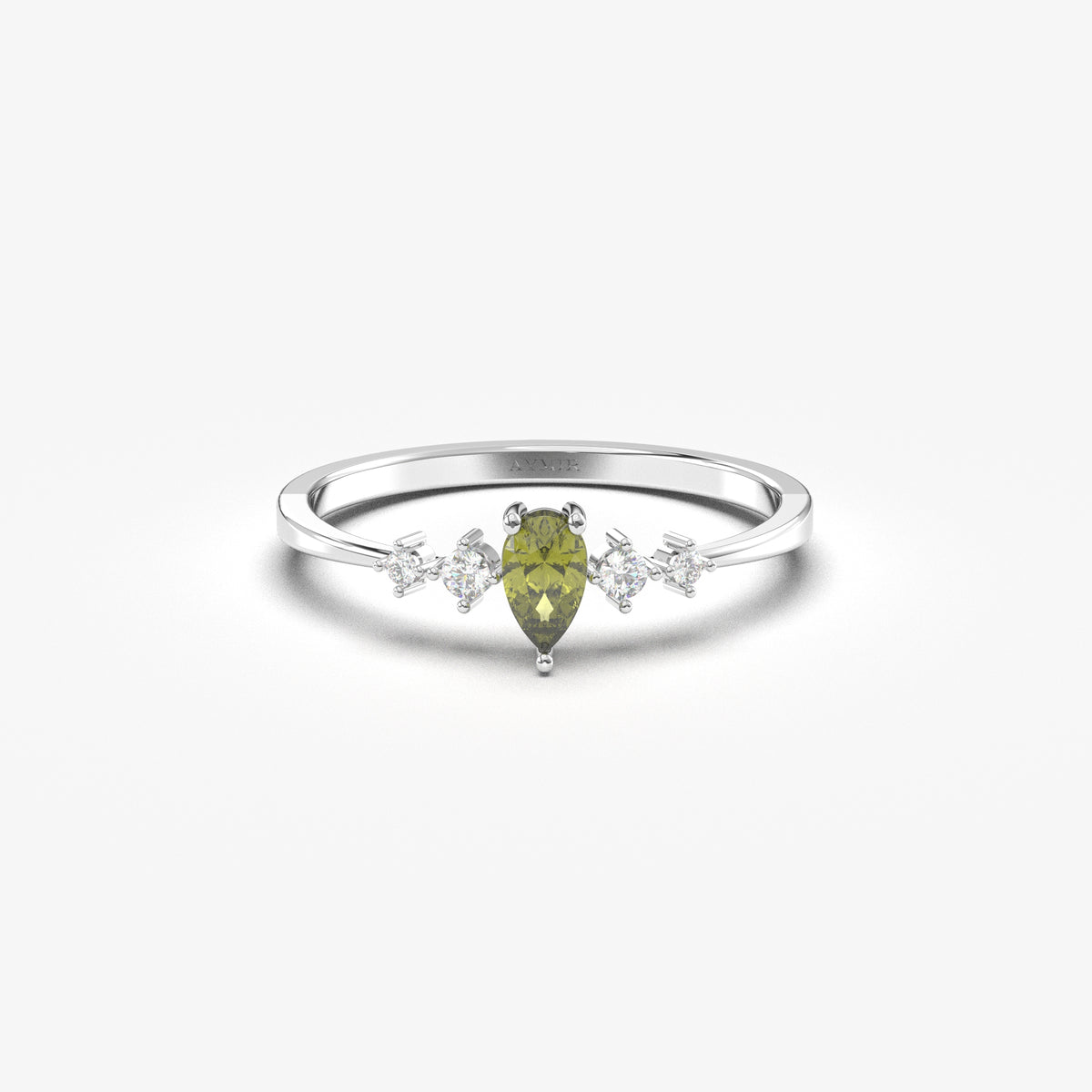 White gold green-stone pear ring, front view