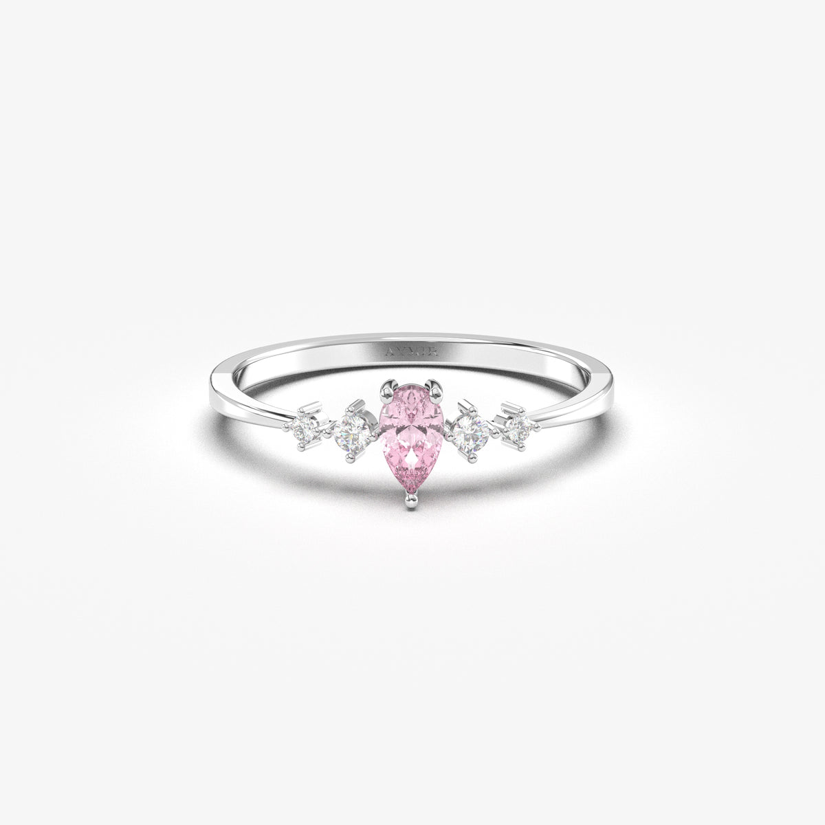 White gold pink-stone pear ring, front view