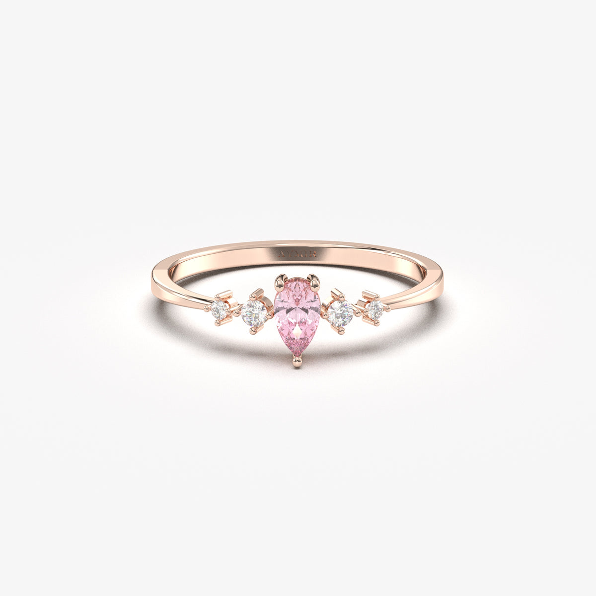 Rose gold pink-stone pear ring, front view