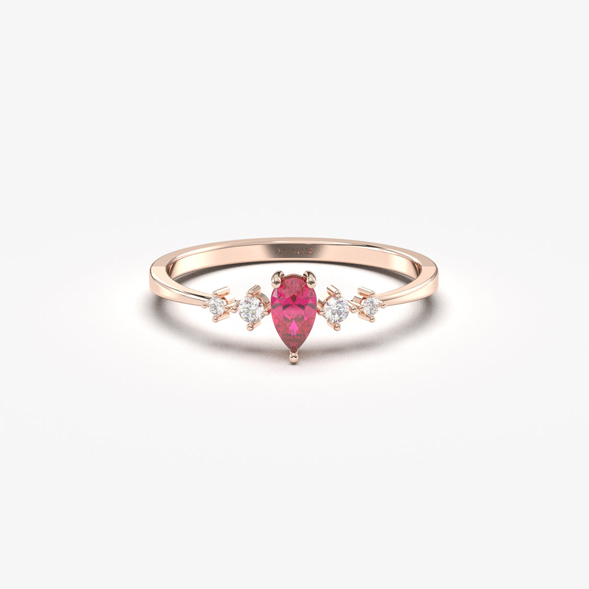 Rose gold red-stone pear ring, front view