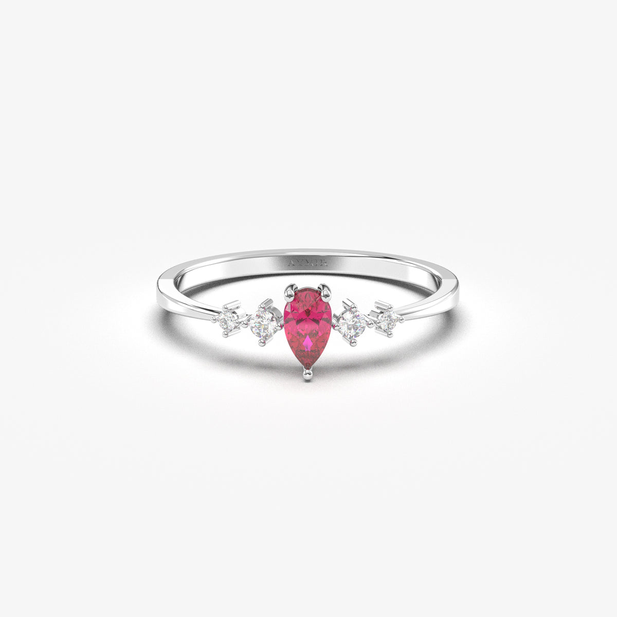 White gold red-stone pear ring, front view