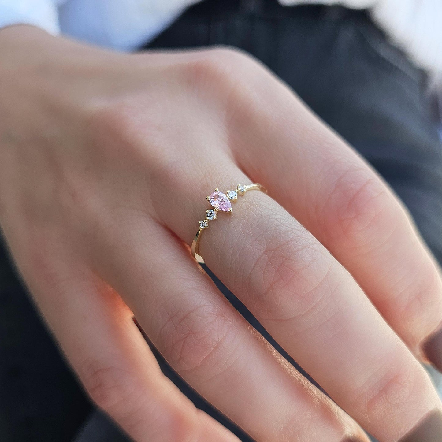 18K Gold Pink Pear and Cz Ring - 2S123PNK
