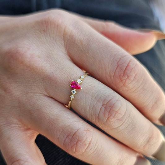 18K Gold Pear Cut Ruby and Cz Ring - 2S123RBY