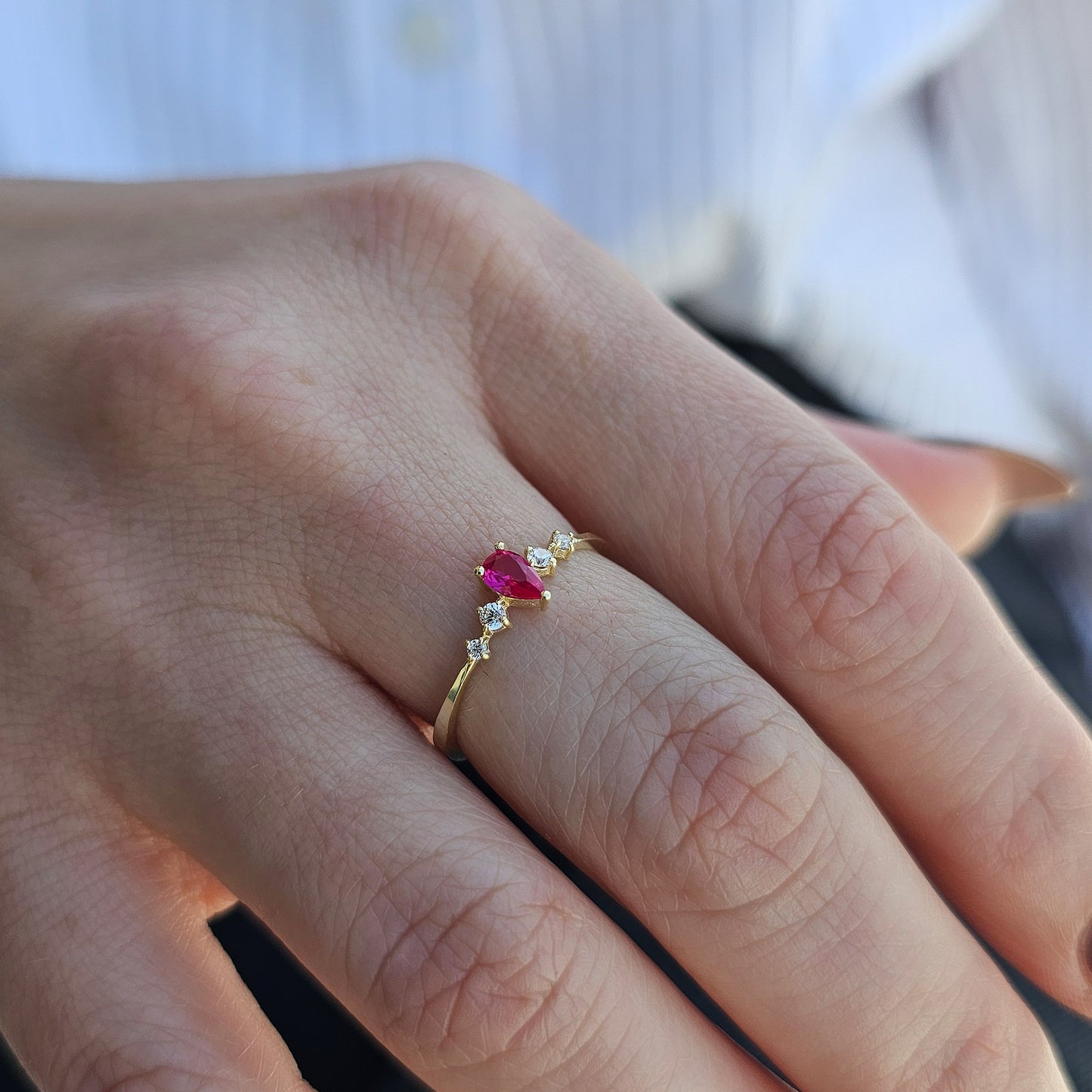 18K Gold Pear Cut Ruby and Cz Ring - 2S123RBY