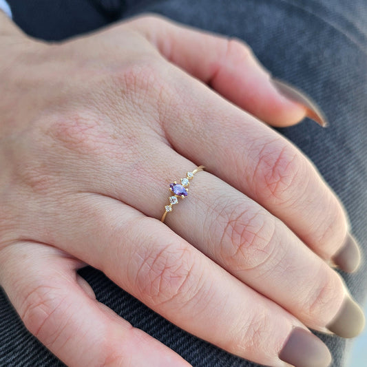 18K Gold Minimalist Marquise Amethyst and Cz Ring - 2S124AME