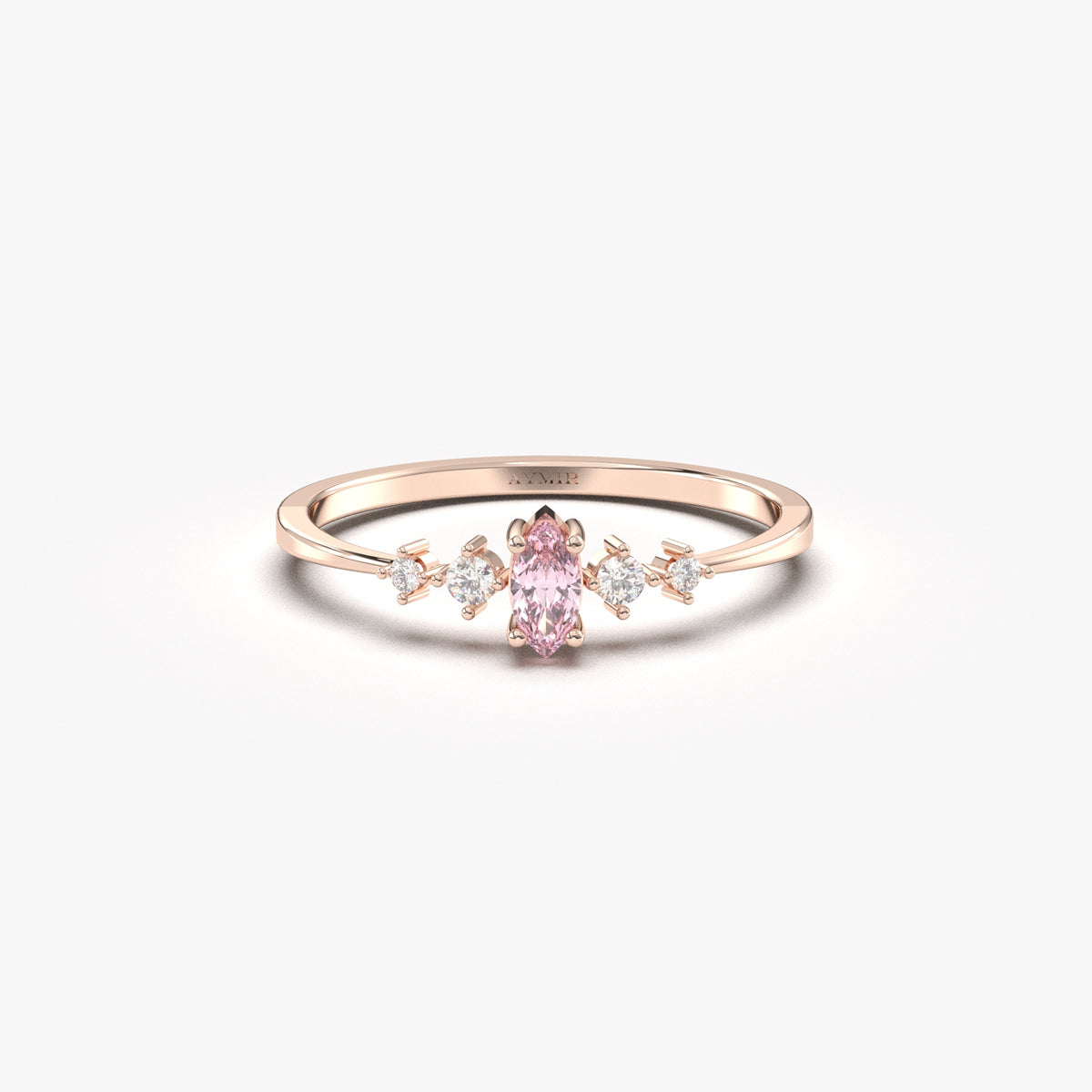 Rose gold pink-stone marquise ring, front view