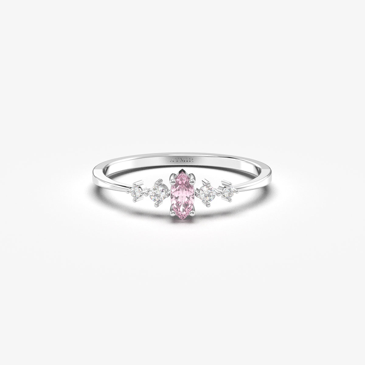 White gold pink-stone marquise ring, front view