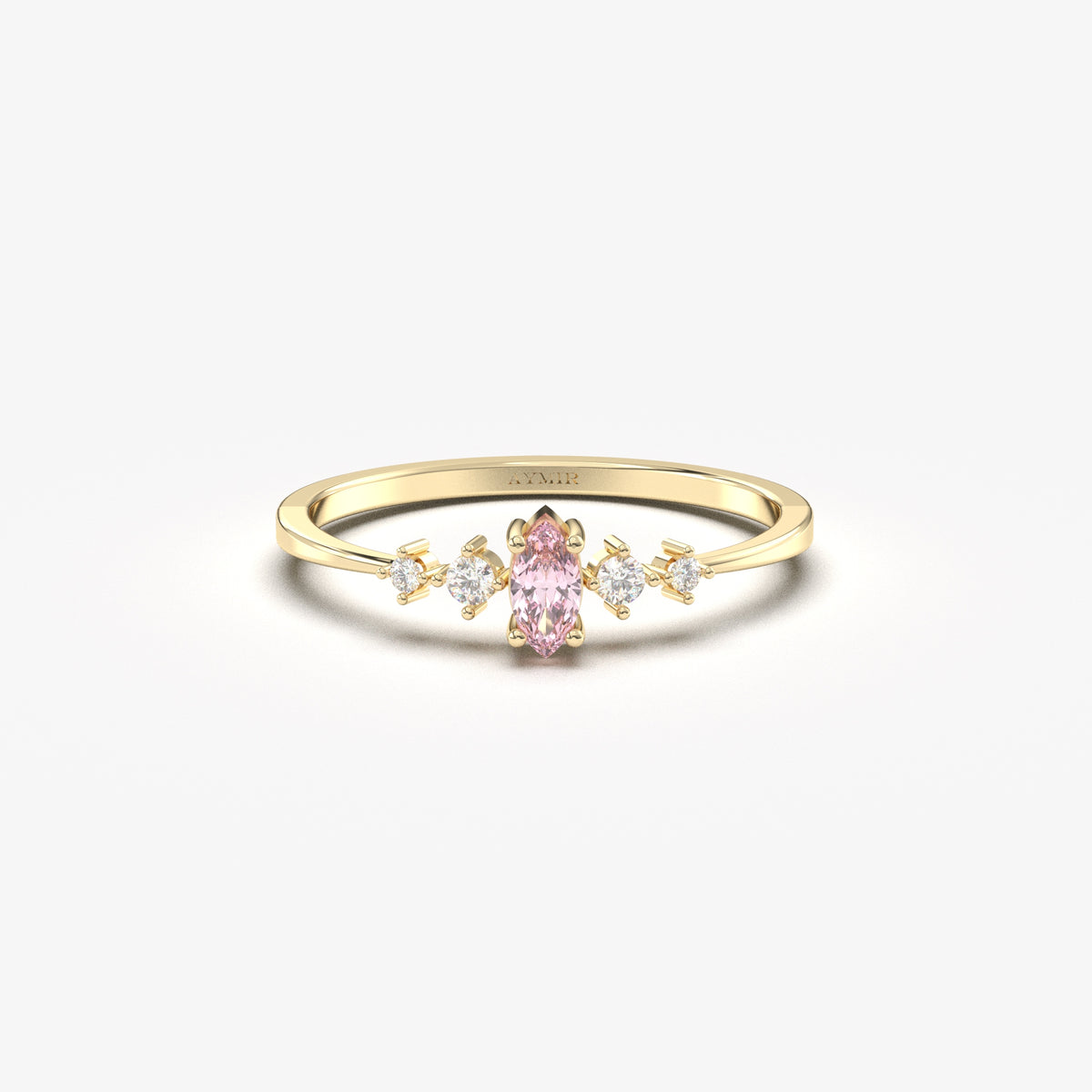 Yellow gold pink-stone marquise ring, front view