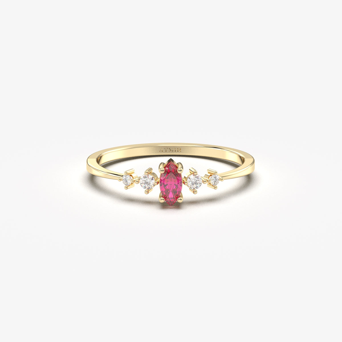 Yellow gold red-stone marquise ring, front view