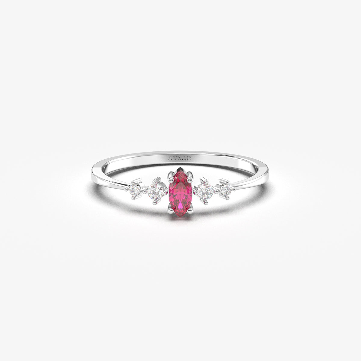 White gold red-stone marquise ring, front view