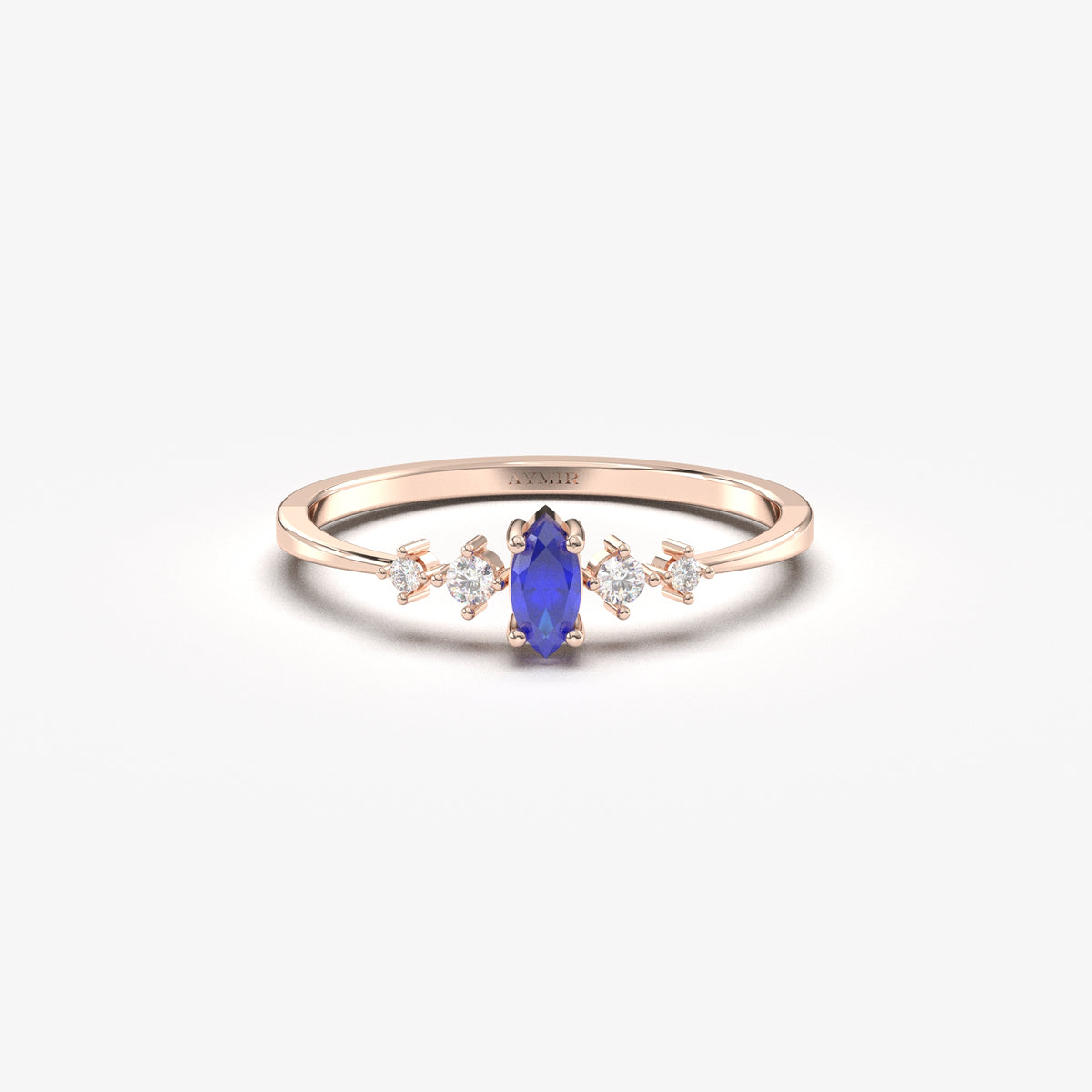 Rose gold blue-stone marquise ring, front view