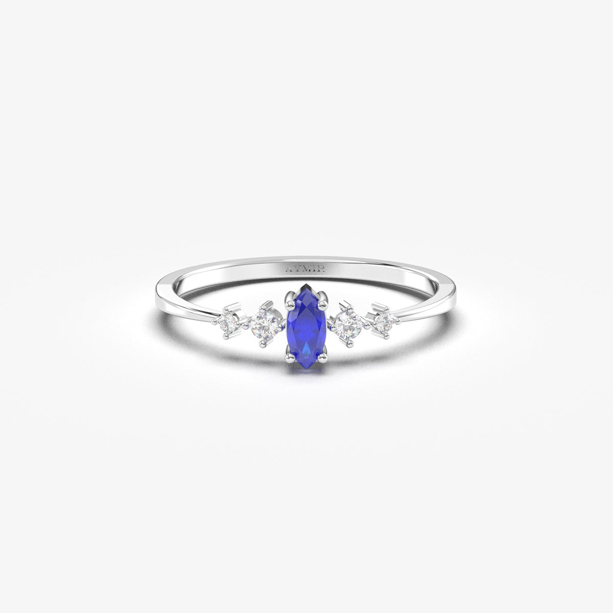 White gold blue-stone marquise ring, front view