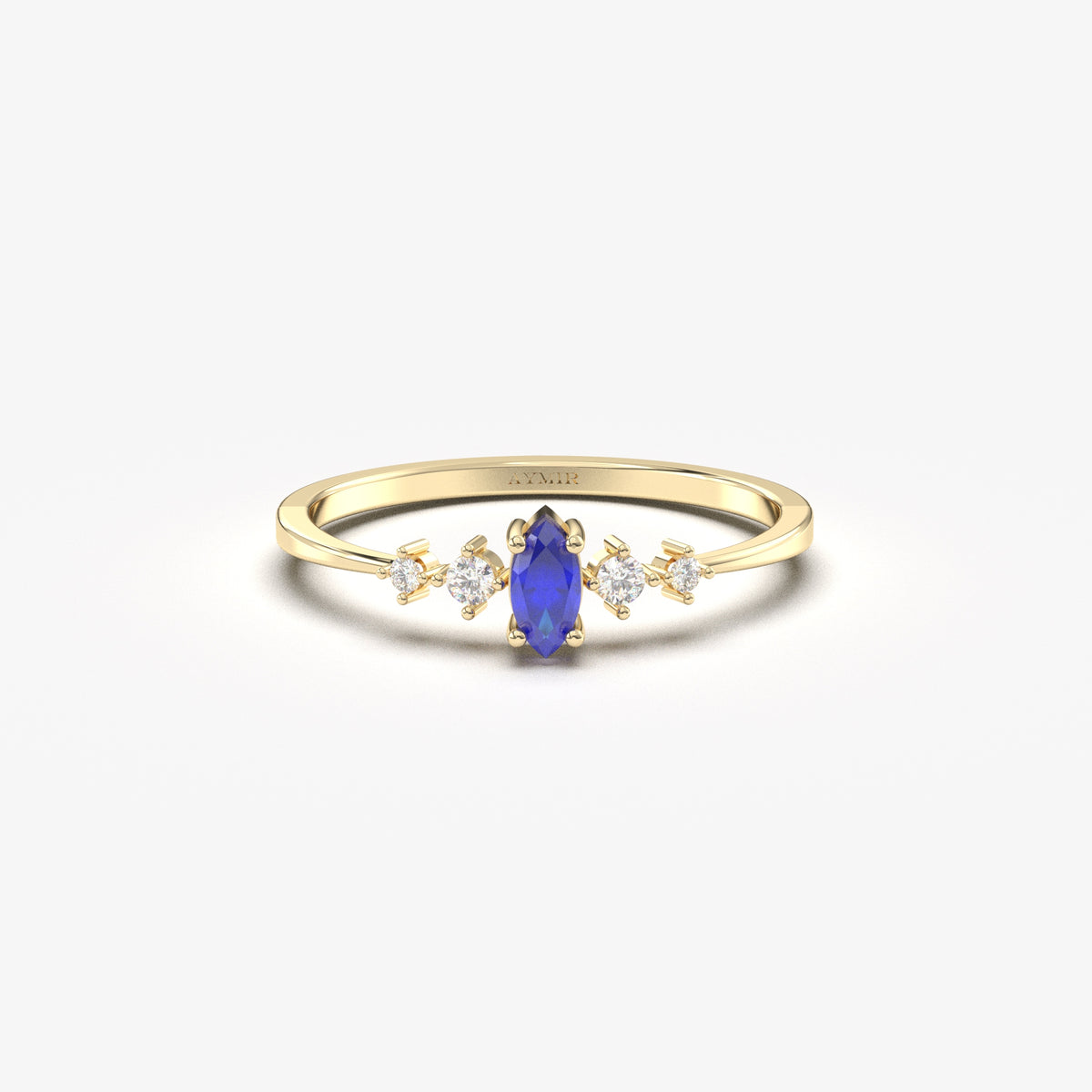 Yellow gold blue-stone marquise ring, front view