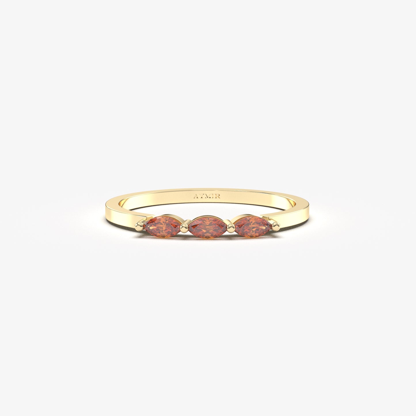 18K yellow gold three stone marquise ring with orange-red marquise stones, front view