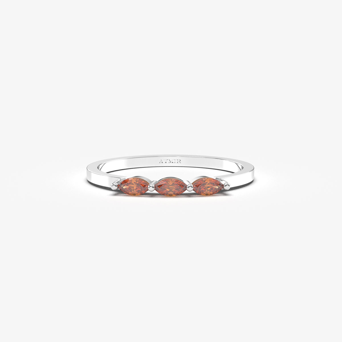 18K white gold three stone marquise ring with orange-red marquise stones, front view