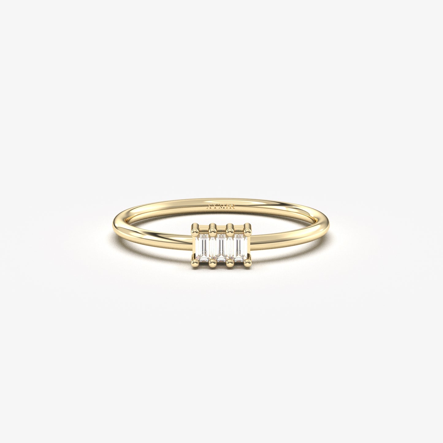 14K yellow gold three baguette ring with natural diamonds, front view